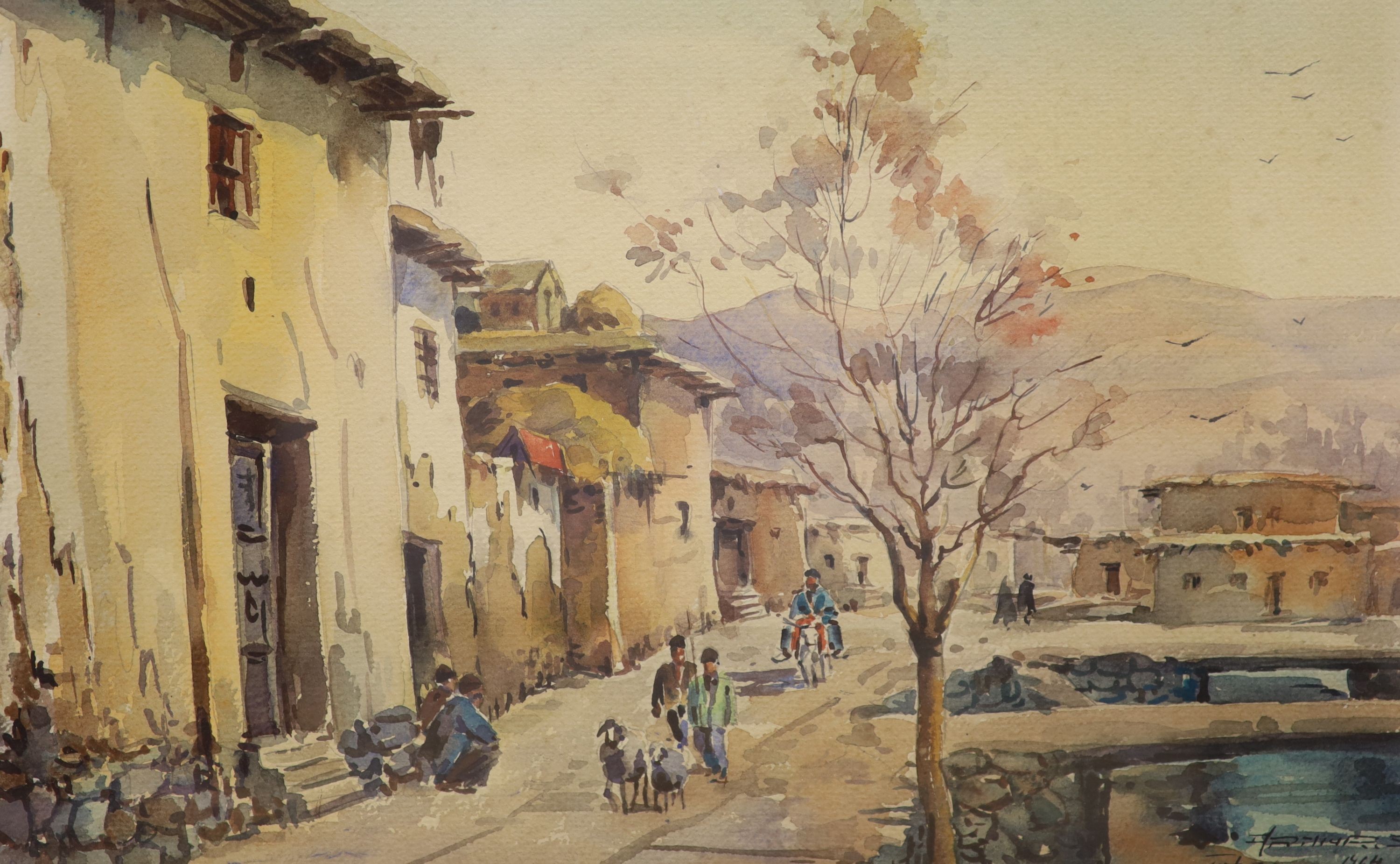 Arthur Sarkinssian (Armenian, 1960)-, pair of watercolours, Tehran street scenes 1964, indistinctly signed, 29 x 44cm